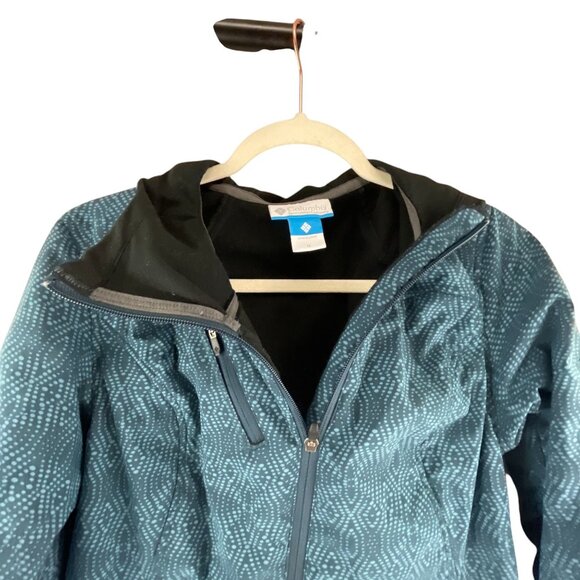 Columbia Women's M Teal Patterned Weatherproof Jacket Hooded Asymmetrical Zip - Picture 4 of 10